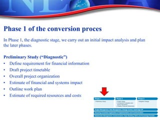 Phase 1 of the conversion proces
In Phase 1, the diagnostic stage, we carry out an initial impact analysis and plan
the later phases.
Preliminary Study (“Diagnostic”)
• Define requirement for financial information
• Draft project timetable
• Overall project organization
• Estimate of financial and systems impact
• Outline work plan
• Estimate of required resources and costs
 