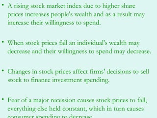 • A rising stock market index due to higher share
  prices increases people's wealth and as a result may
  increase their willingness to spend.

• When stock prices fall an individual's wealth may
  decrease and their willingness to spend may decrease.

• Changes in stock prices affect firms' decisions to sell
  stock to finance investment spending.

• Fear of a major recession causes stock prices to fall,
  everything else held constant, which in turn causes
 
