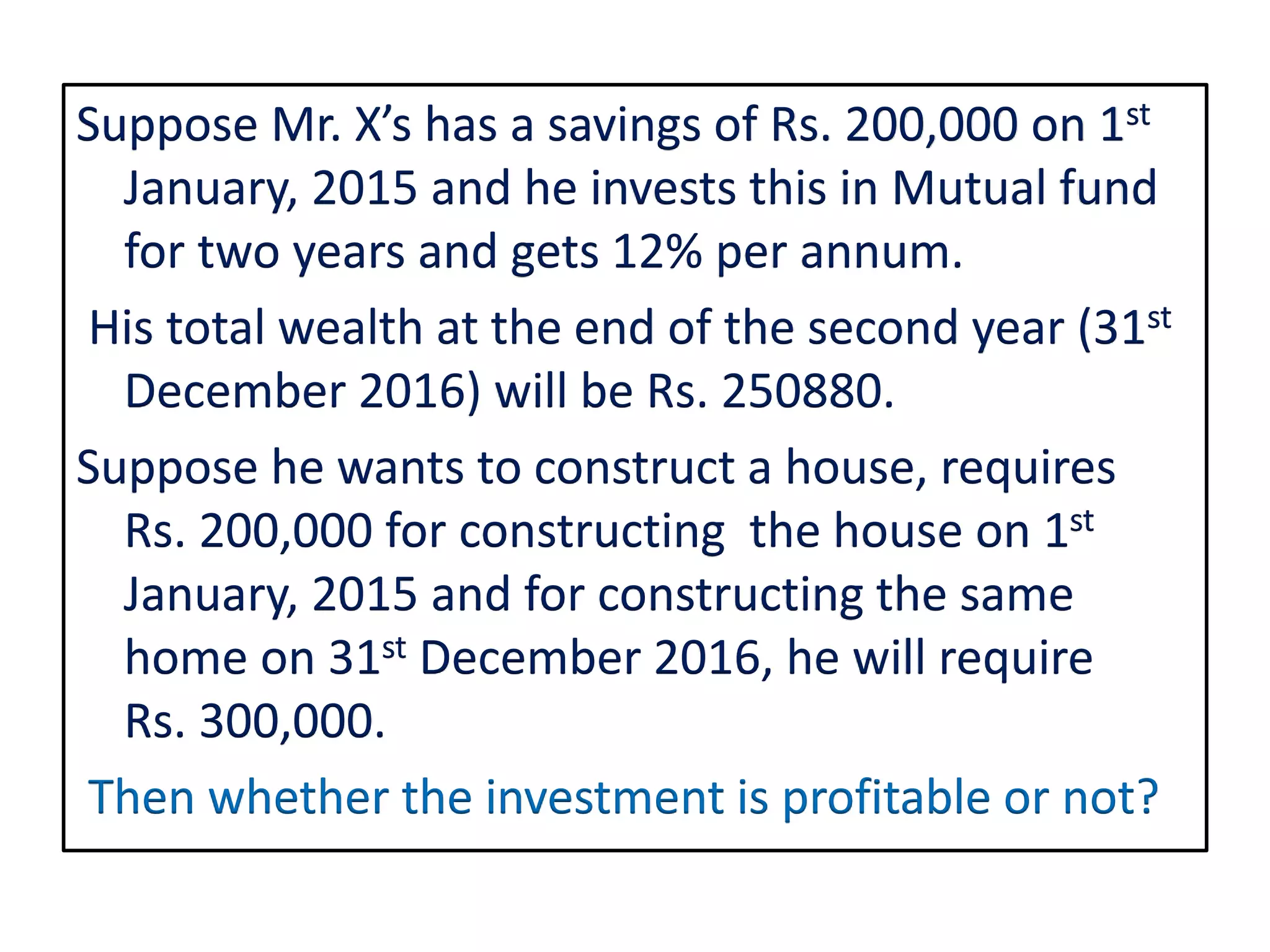 Suppose Mr. X’s has a savings of Rs. 200,000 on 1st
January, 2015 and he invests this in Mutual fund
for two years and gets 12% per annum.
His total wealth at the end of the second year (31st
December 2016) will be Rs. 250880.
Suppose he wants to construct a house, requires
Rs. 200,000 for constructing the house on 1st
January, 2015 and for constructing the same
home on 31st December 2016, he will require
Rs. 300,000.
Then whether the investment is profitable or not?
 