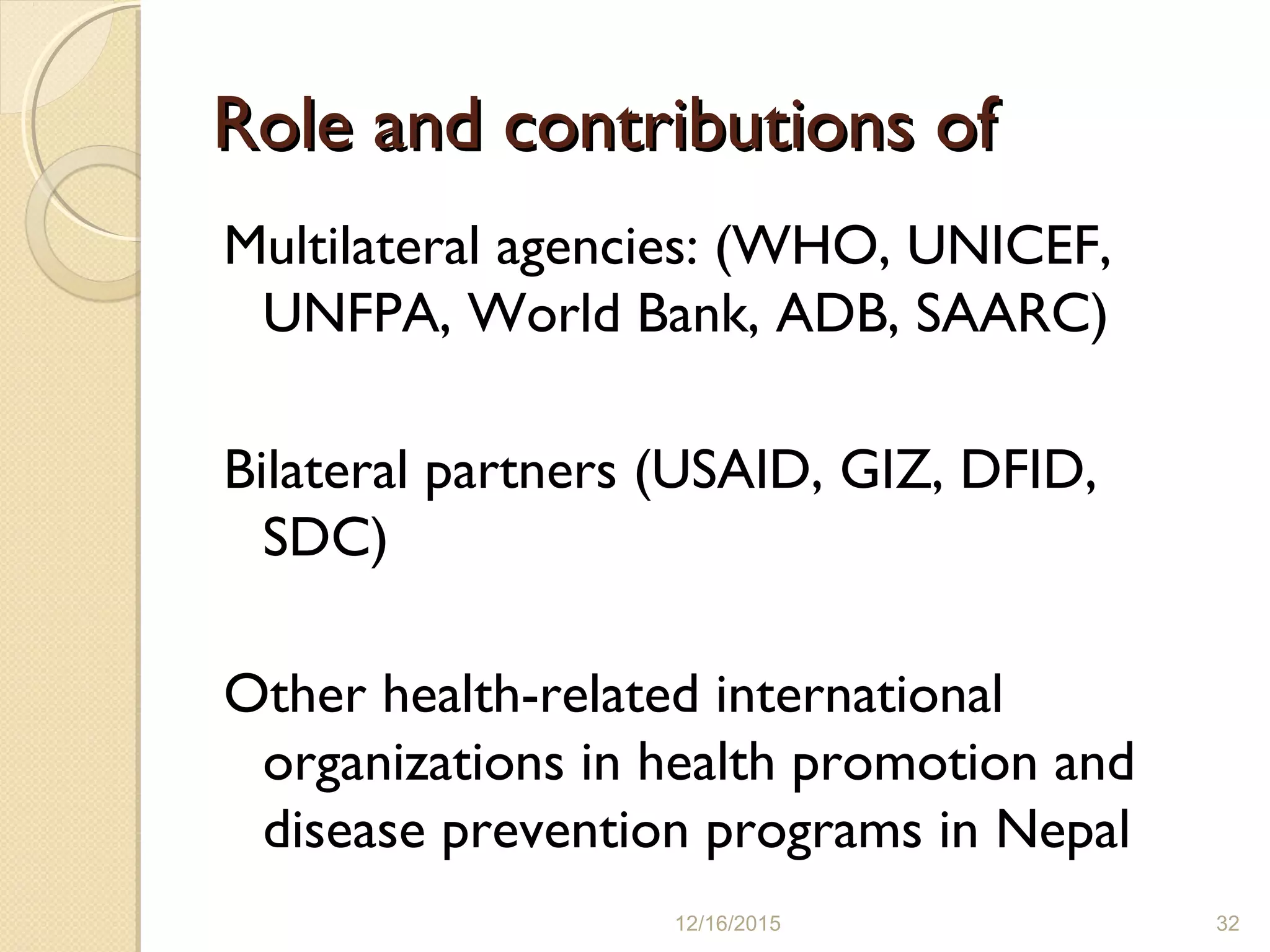 Role and contributions ofRole and contributions of
Multilateral agencies: (WHO, UNICEF,
UNFPA, World Bank, ADB, SAARC)
Bilateral partners (USAID, GIZ, DFID,
SDC)
Other health-related international
organizations in health promotion and
disease prevention programs in Nepal
12/16/2015 32
 