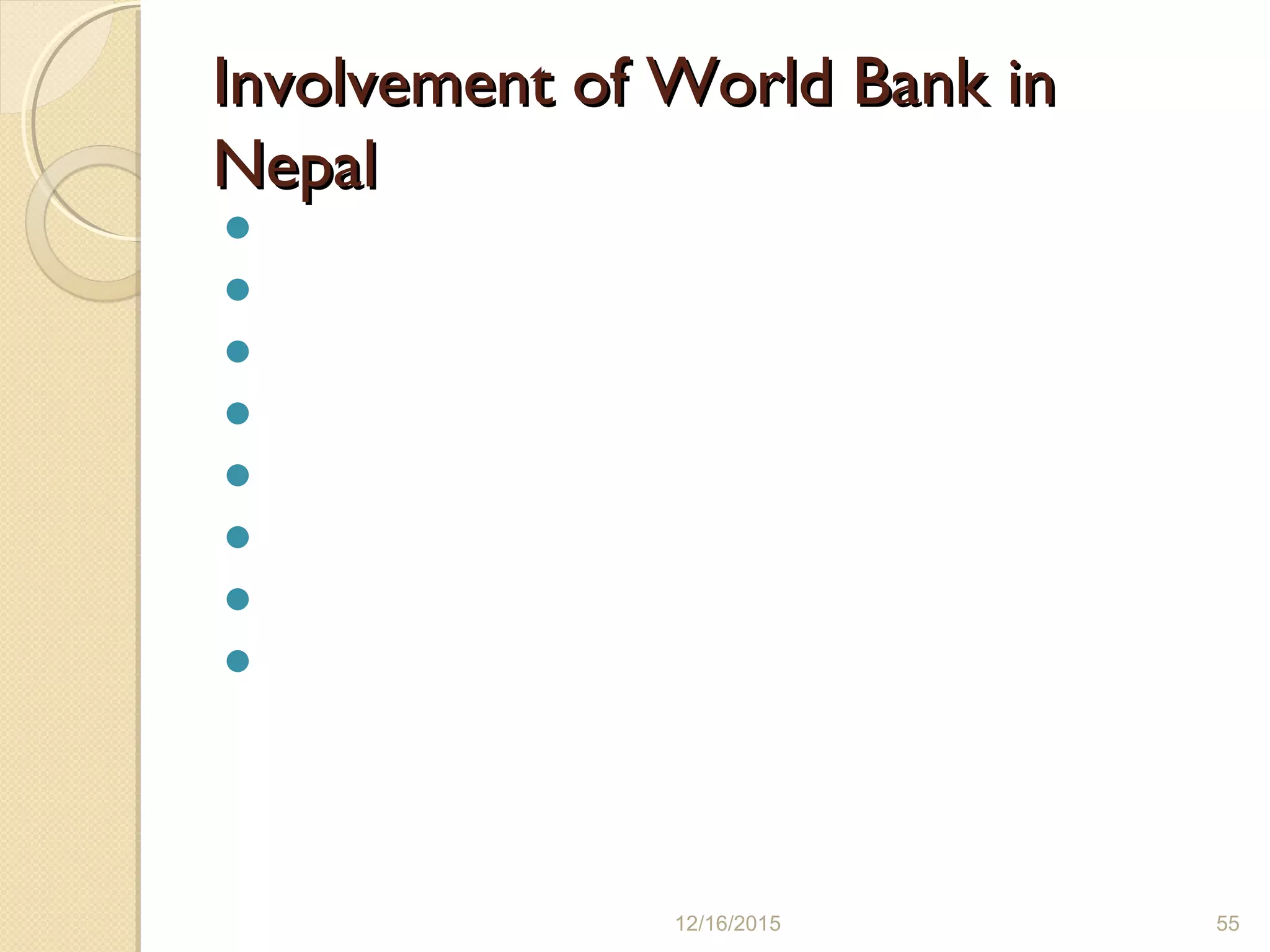 Involvement of World Bank inInvolvement of World Bank in
NepalNepal
Health 50 million
Peace Project 50 million
Water 27 million
Rural Poor People Support 253 million
 Second Higher Education Project 80 million
Nepal Combats Avian Influenza 18 million
Poverty Alleviation Fund 25 million
Economic reforms 3 million
12/16/2015 55
 