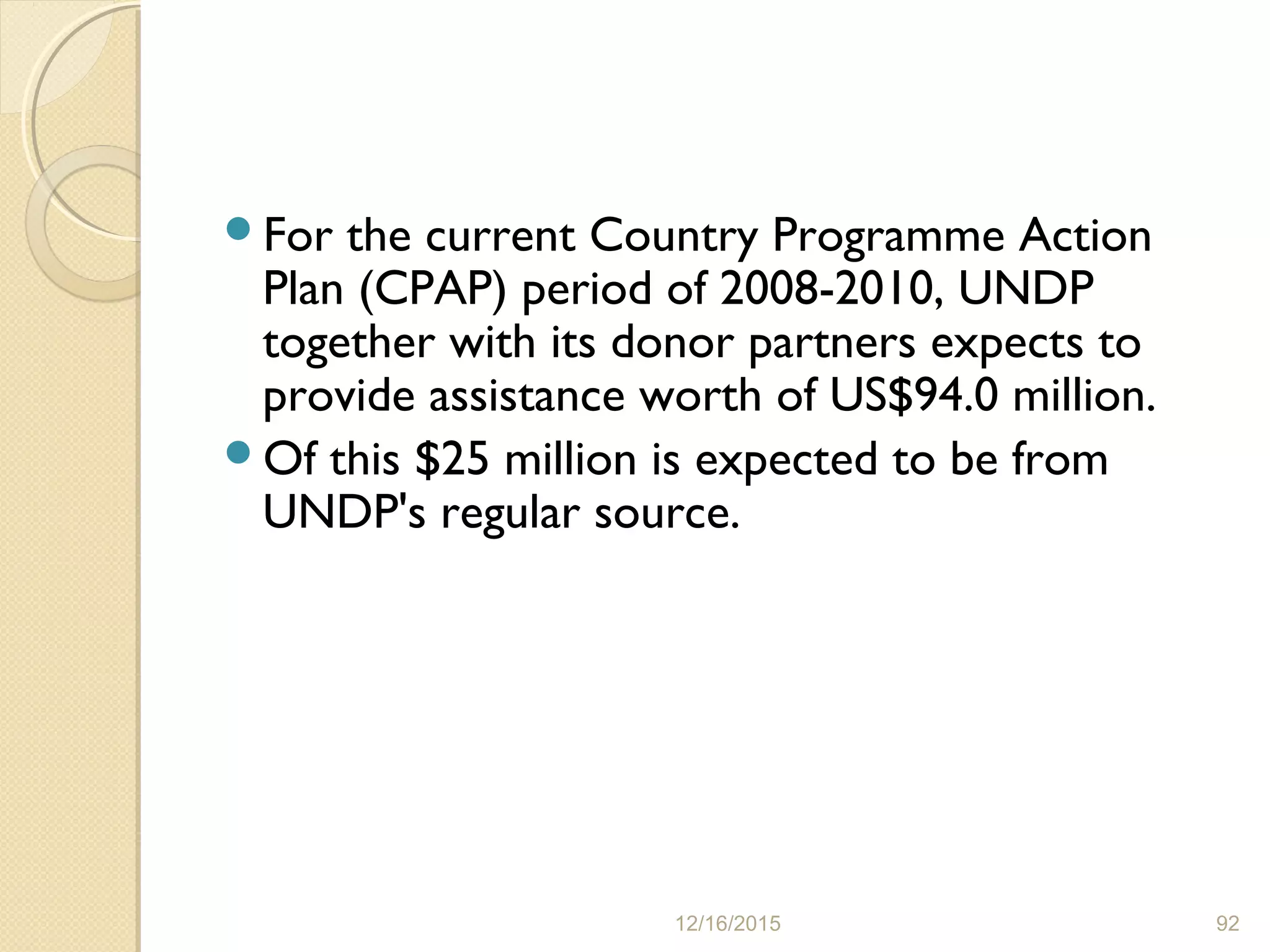 For the current Country Programme Action
Plan (CPAP) period of 2008-2010, UNDP
together with its donor partners expects to
provide assistance worth of US$94.0 million.
Of this $25 million is expected to be from
UNDP's regular source.
12/16/2015 92
 
