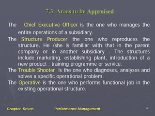 7.3 Areas to be Appraised

The    Chief Executive Officer is the one who manages the
    entire operations of a subsidiary.
The Structure Producer the one who reproduces the
    structure. He /she is familiar with that in the parent
    company or in another subsidiary . The structures
    include marketing, establishing plant, introduction of a
    new product , training programme or service.
The Trouble Shooter is the one who diagnoses, analyses and
    solves a specific operational problem.
The Operative is the one who performs functional job in the
    existing operational structure.


                                                          22
Chapter Seven      Performance Management
 