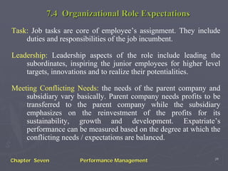 7.4 Organizational Role Expectations
Task: Job tasks are core of employee’s assignment. They include
    duties and responsibilities of the job incumbent.

Leadership: Leadership aspects of the role include leading the
    subordinates, inspiring the junior employees for higher level
    targets, innovations and to realize their potentialities.

Meeting Conflicting Needs: the needs of the parent company and
    subsidiary vary basically. Parent company needs profits to be
    transferred to the parent company while the subsidiary
    emphasizes on the reinvestment of the profits for its
    sustainability, growth and development. Expatriate’s
    performance can be measured based on the degree at which the
    conflicting needs / expectations are balanced.

                                                               29
Chapter Seven        Performance Management
 