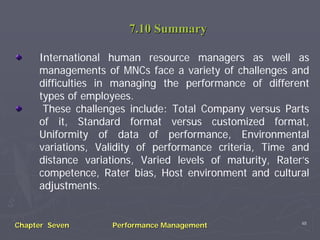 7.10 Summary

     International human resource managers as well as
     managements of MNCs face a variety of challenges and
     difficulties in managing the performance of different
     types of employees.
      These challenges include: Total Company versus Parts
     of it, Standard format versus customized format,
     Uniformity of data of performance, Environmental
     variations, Validity of performance criteria, Time and
     distance variations, Varied levels of maturity, Rater’s
     competence, Rater bias, Host environment and cultural
     adjustments.


                                                          48
Chapter Seven      Performance Management
 