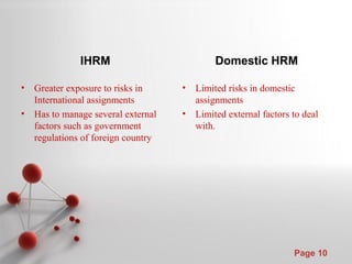 Powerpoint Templates
Page 10
IHRM
• Greater exposure to risks in
International assignments
• Has to manage several external
factors such as government
regulations of foreign country
Domestic HRM
• Limited risks in domestic
assignments
• Limited external factors to deal
with.
 