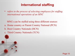Powerpoint Templates
Page 13
International staffing
• refers to the process of selecting employees for staffing
international operations of an MNC
MNCs can be staffed using three different sources
a. Home country or Parent Country National (PCN)
b. Host Country Nationals (HCN)
c. Third Country Nationals (TCN)
 