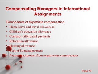 Powerpoint Templates
Page 20
Compensating Managers in International
Assignments
Components of expatriate compensation
• Home leave and travel allowances
• Children’s education allowance
• Currency differential payments
• Relocation allowance
• Housing allowance
• Cost of living adjustment
• Payments to protect from negative tax consequences
 