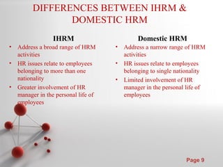 Powerpoint Templates
Page 9
DIFFERENCES BETWEEN IHRM &
DOMESTIC HRM
IHRM
• Address a broad range of HRM
activities
• HR issues relate to employees
belonging to more than one
nationality
• Greater involvement of HR
manager in the personal life of
employees
Domestic HRM
• Address a narrow range of HRM
activities
• HR issues relate to employees
belonging to single nationality
• Limited involvement of HR
manager in the personal life of
employees
 
