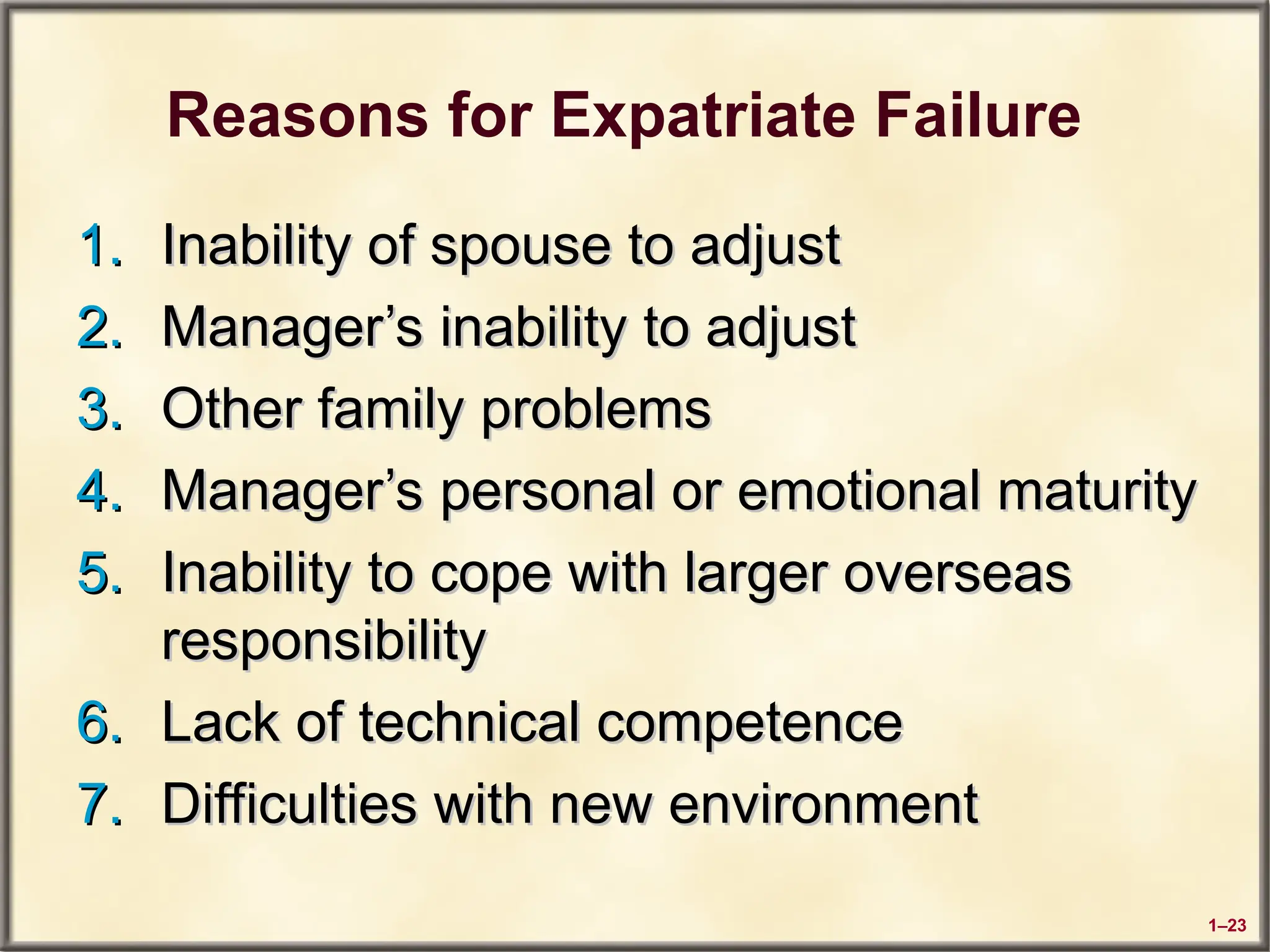1–23
Reasons for Expatriate Failure
1.
1. Inability of spouse to adjust
Inability of spouse to adjust
2.
2. Manager’s inability to adjust
Manager’s inability to adjust
3.
3. Other family problems
Other family problems
4.
4. Manager’s personal or emotional maturity
Manager’s personal or emotional maturity
5.
5. Inability to cope with larger overseas
Inability to cope with larger overseas
responsibility
responsibility
6.
6. Lack of technical competence
Lack of technical competence
7.
7. Difficulties with new environment
Difficulties with new environment
 
