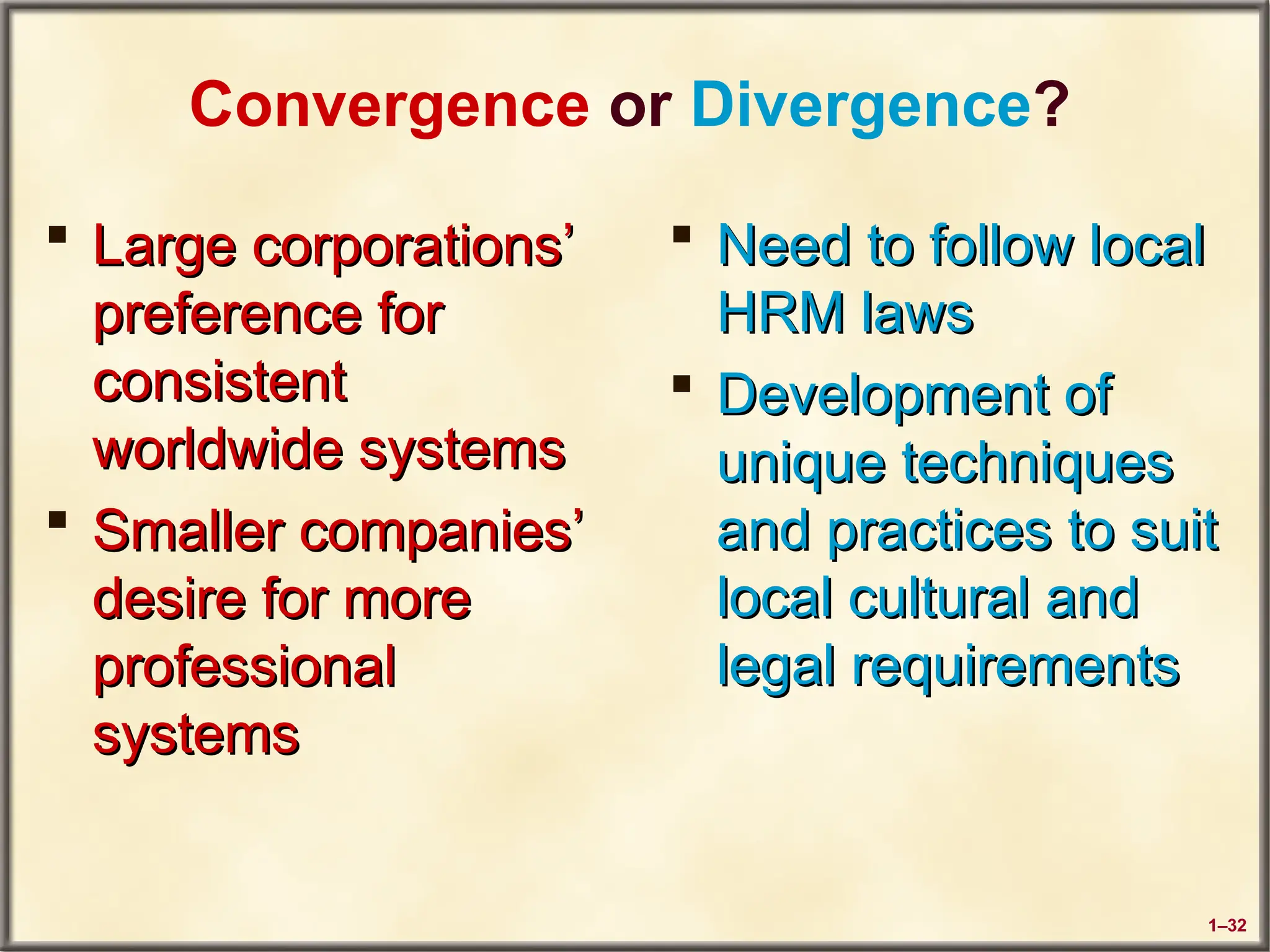 1–32
Convergence or Divergence?
 Large corporations’
Large corporations’
preference for
preference for
consistent
consistent
worldwide systems
worldwide systems
 Smaller companies’
Smaller companies’
desire for more
desire for more
professional
professional
systems
systems
 Need to follow local
Need to follow local
HRM laws
HRM laws
 Development of
Development of
unique techniques
unique techniques
and practices to suit
and practices to suit
local cultural and
local cultural and
legal requirements
legal requirements
 