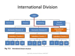 International Division
Operations Finance Marketing Human
Resource
International
Division
Domestic Division A Domestic Division B
Subsidiary Country X Subsidiary Country Y Subsidiary Country Z
CEO
O O OF F FM M MHR HR HR
Ligo Koshy, Assistant Professor, MACFAST
 
