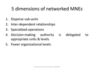 5 dimensions of networked MNEs
1. Disperse sub-units
2. Inter-dependent relationships
3. Specialized operations
4. Decision-making authority is delegated to
appropriate units & levels
5. Fewer organizational levels
Ligo Koshy, Assistant Professor, MACFAST
 