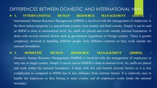 DIFFERENCES BETWEEN DOMESTIC AND INTERNATIONAL HRM
► 1. INTERNATIONAL HUMAN RESOURCE MANAGEMENT (IHRM) :
International Human Resource Management (IHRM) is involved with the management of employees in
the three nation categories i.e. parent/home country, host country and third country. Simply it can be said
as IHRM is done at international level. So, staffs are placed and work outside national boundaries. It
deals with several external factors such as government regulations of foreign country. There is greater
complexity involved in handling different people from different countries as they work outside the
national boundaries.
► 2. DOMESTIC HUMAN RESOURCE MANAGEMENT (DHRM) :
Domestic Human Resource Management (DHRM) is involved with the management of employees in
only one or single country. Simply it can be said as DHRM is done at national level. So, staffs are placed
and work within the national boundaries. It deals with few and limited external factors so it is less
complicated as compared to IHRM due to less influence from external factors. It is relatively easy to
handle the employees as they belong to same country and all employees works inside the national
boundary.
 