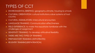 TYPES OF CCT
► ENVIRONMENTAL BRIEFING: geography,climate, housing & schools
► CULTURAL ORIENTATION: cultural institutions,value systems of host
country
► CULTURAL ASSIMILATORS: Intercultural encounters
► LANGUAGE TRAINING: Communication effectiveness
► FIELD EXPERIENCE: to make the expatriate familiarize with the
challenges of assignment
► SENSITIVITY TRAINING: To develop attitudinal flexibility
► THERE ARE TWO TYPES OF TRAINING
► PREPARATORY TRAINING (EXPATRIATES)
► RE-ENTRY TRAINING(REPATRIATION)
 