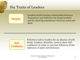 Six Traits of Leaders

             Leaders build trusting relationship between
Integrity    themselves and f ll
             th     l      d followers b b i t thf l
                                       by being truthful
             and by showing consistency between word and
             deed




             Followers look to leaders for an absence of self-
  Self-
  Self       doubt. Leaders therefore
             doubt Leaders, therefore, need to show self-
                                                      self
             confidence in order to convince followers of the
Confidence
             rightness of goals and decisions


                International Human Resources Management,
                               Dr. Jörg Klukas               38
 