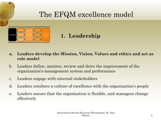 The EFQM excellence model
                                                    Q
                                        People
               People
                                        Results
                                                      Key


                                                                   1. Leadership
                                                                   1 L d     hi
                                       Customer
Leadership    Strategy
              Strateg      Processes              Performance
                                        Results
                                                    Results
             Partnership                Society
             & Resources                Results




a.           Leaders develop the Mission, Vision, Values and ethics and act as
             role model
b.           Leaders define, monitor, review and drive the improvement of the
             organization’s management system and performance
c.           Leaders engage with external stakeholders
d.
d            Leaders reinforce a culture of excellence with the organization s people
                                                                organization’s
e.           Leaders ensure that the organization is flexible, and managers change
             effectively


                                                                International Human Resources Management, Dr. Jörg
                                                                                     Klukas                          6
 