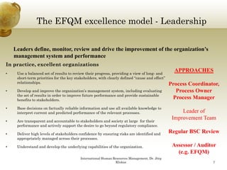 The EFQM excellence model - Leadership
                      Q                              p


    Leaders define, monitor, review and drive the improvement of the organization’s
            define monitor
    management system and performance
In practice, excellent organizations
•    Use b l
     U a balanced set of results to review their progress, providing a view of long- and
                    d t f        lt t    i   th i                idi      i    fl        d
                                                                                                 APPROACHES
     short-term priorities for the key stakeholders, with clearly defined “cause and effect”
     relationships.                                                                            Process Coordinator,
•    Develop and improve the organization’s management system, including evaluating              Process Owner
     the set of results in order to improve future p
                                      p            performance and p
                                                                   provide sustainable
     benefits to stakeholders.
                                                                                                Process Manager
•    Base decisions on factually reliable information and use all available knowledge to
     interpret current and predicted performance of the relevant processes.                         Leader of
•    Are transparent and accountable to stakeholders and society at large for their
                                                                                                Improvement Team
     performance and actively support the desire to go beyond regulatory compliance.

•    Deliver high levels of stakeholders confidence by ensuring risks are identified and
                                                                                               Regular BSC Review
     appropriately managed across their processes.

•    Understand d develop th underlying capabilities of the organization.
     U d t d and d    l the    d l i        biliti    f th       i ti                           Assessor / Auditor
                                                                                                  (e.g. EFQM)
                                          International Human Resources Management, Dr. Jörg
                                                               Klukas                                           7
 