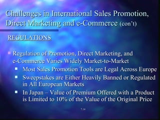 Challenges in International Sales Promotion, Direct Marketing and e-Commerce  (con’t) REGULATIONS Regulation of Promotion, Direct Marketing, and e-Commerce Varies Widely Market-to-Market Most Sales Promotion Tools are Legal Across Europe Sweepstakes are Either Heavily Banned or Regulated in All European Markets In Japan – Value of Premium Offered with a Product is Limited to 10% of the Value of the Original Price 7.14 
