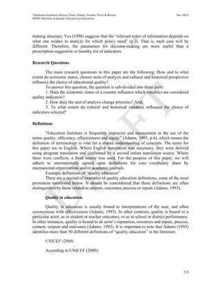 International Indicators of Quality Education Wera Paper Draft. By some ...