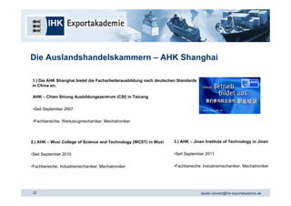 Die Auslandshandelskammern – AHK Shanghai

1.) Die AHK Shanghai bietet die Facharbeiterausbildung nach deutschen Standards
in China an.

 AHK – Chien Shiung Ausbildungszentrum (CSI) in Taicang

 •Seit September 2007

 •Fachbereiche: Werkzeugmechaniker, Mechatroniker




2.) AHK – Wuxi College of Science and Technology (WCST) in Wuxi     3.) AHK – Jinan Institute of Technology in Jinan


•Seit September 2010                                                •Seit September 2011


•Fachbereiche: Industriemechaniker, Mechatroniker                   •Fachbereiche: Industriemechaniker, Mechatroniker




 22                                                                               tassilo.zywietz@ihk-exportakademie.de
 