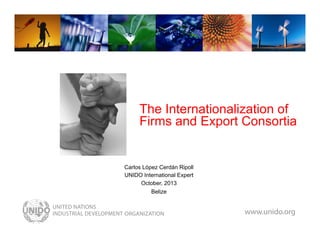 www.unido.org

The Internationalization of
Firms and Export Consortia

Carlos López Cerdán Ripoll
UNIDO International Expert
October, 2013
Belize

 