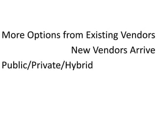 More Options from Existing Vendors
                New Vendors Arrive
Public/Private/Hybrid
 