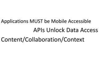 Applications MUST be Mobile Accessible
           APIs Unlock Data Access
Content/Collaboration/Context
 