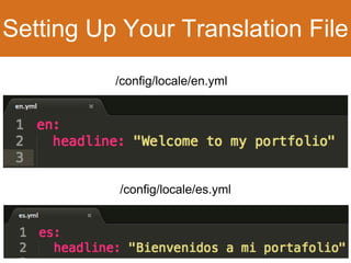 Setting Up Your Translation File 
/config/locale/en.yml 
/config/locale/es.yml 
 