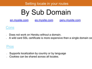 Setting locale in your routes 
By Sub Domain 
en.mysite.com 
es.mysite.com peru.mysite.com 
Cons 
Does not work on Heroku without a domain. 
A wild card SSL certificate is more expensive then a single domain certificate 
Pros 
Supports localization by country or by language 
Cookies can be shared across all locales. 
 