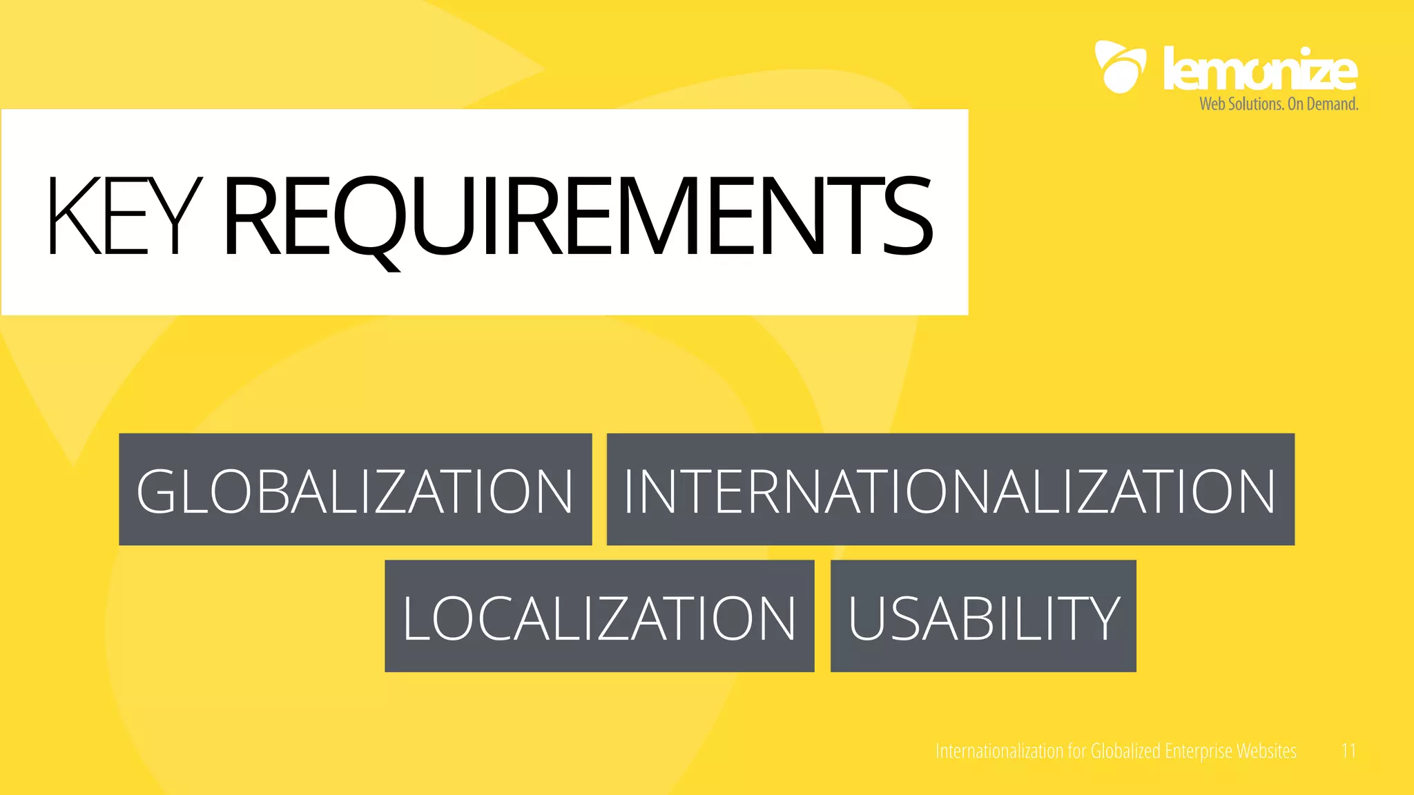Internationalization for Globalized Enterprise Websites 11
GLOBALIZATION
KEYREQUIREMENTS
INTERNATIONALIZATION
LOCALIZATION USABILITY
 