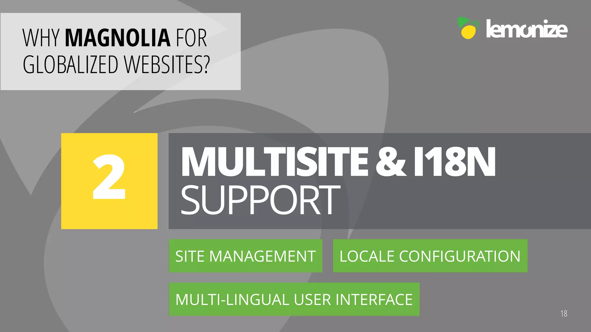 Internationalization for Globalized Enterprise Websites
WHY MAGNOLIA FOR  
GLOBALIZED WEBSITES?
18
MULTISITE&I18N 
SUPPORT
SITE MANAGEMENT
MULTI-LINGUAL USER INTERFACE
LOCALE CONFIGURATION
2
 