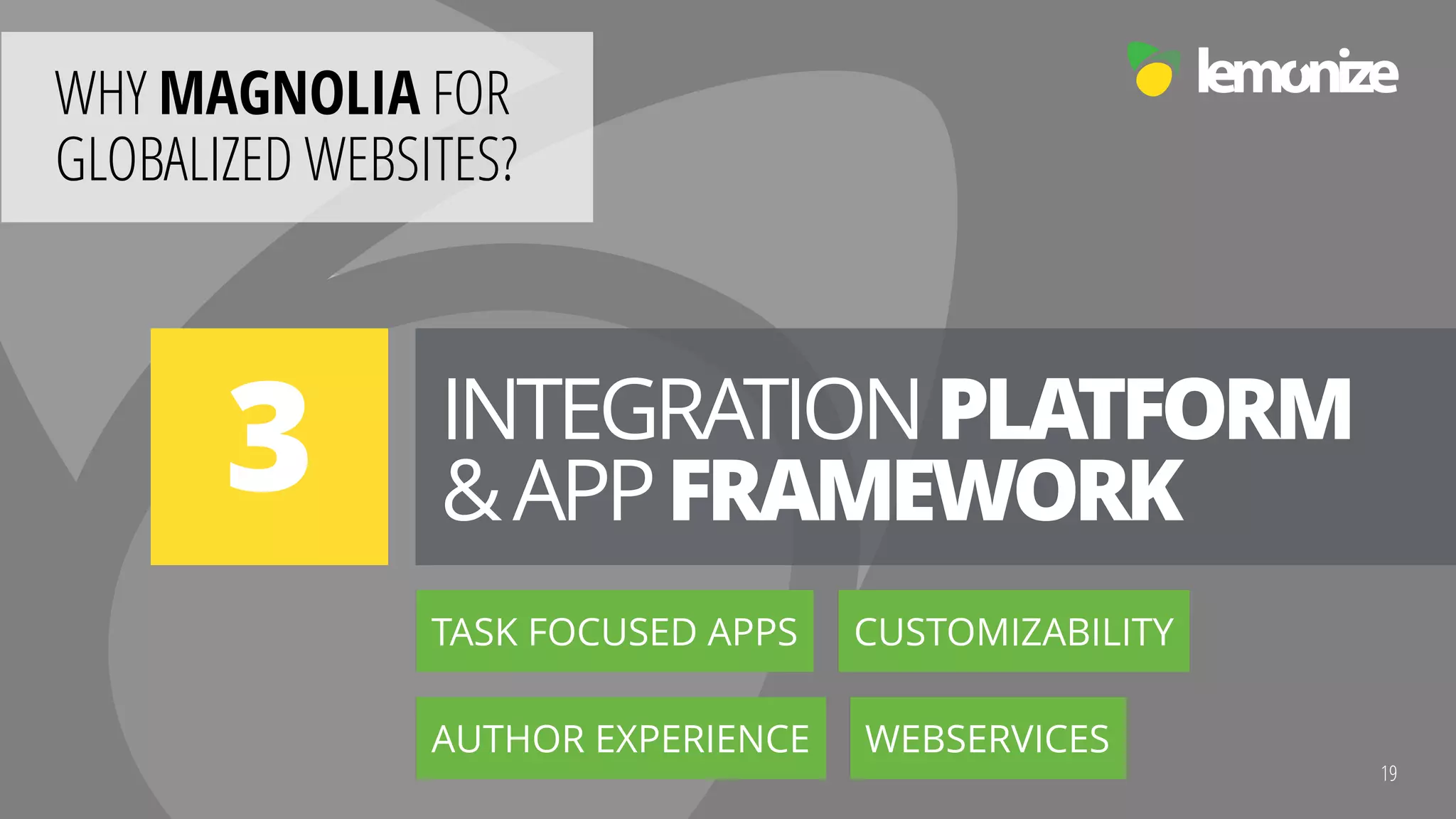 Internationalization for Globalized Enterprise Websites
WHY MAGNOLIA FOR  
GLOBALIZED WEBSITES?
19
INTEGRATIONPLATFORM 
&APPFRAMEWORK3
TASK FOCUSED APPS
AUTHOR EXPERIENCE
CUSTOMIZABILITY
WEBSERVICES
 