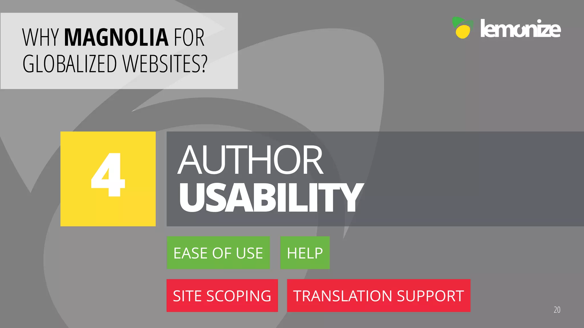 Internationalization for Globalized Enterprise Websites
WHY MAGNOLIA FOR  
GLOBALIZED WEBSITES?
20
AUTHOR 
USABILITY4
EASE OF USE
TRANSLATION SUPPORTSITE SCOPING
HELP
 