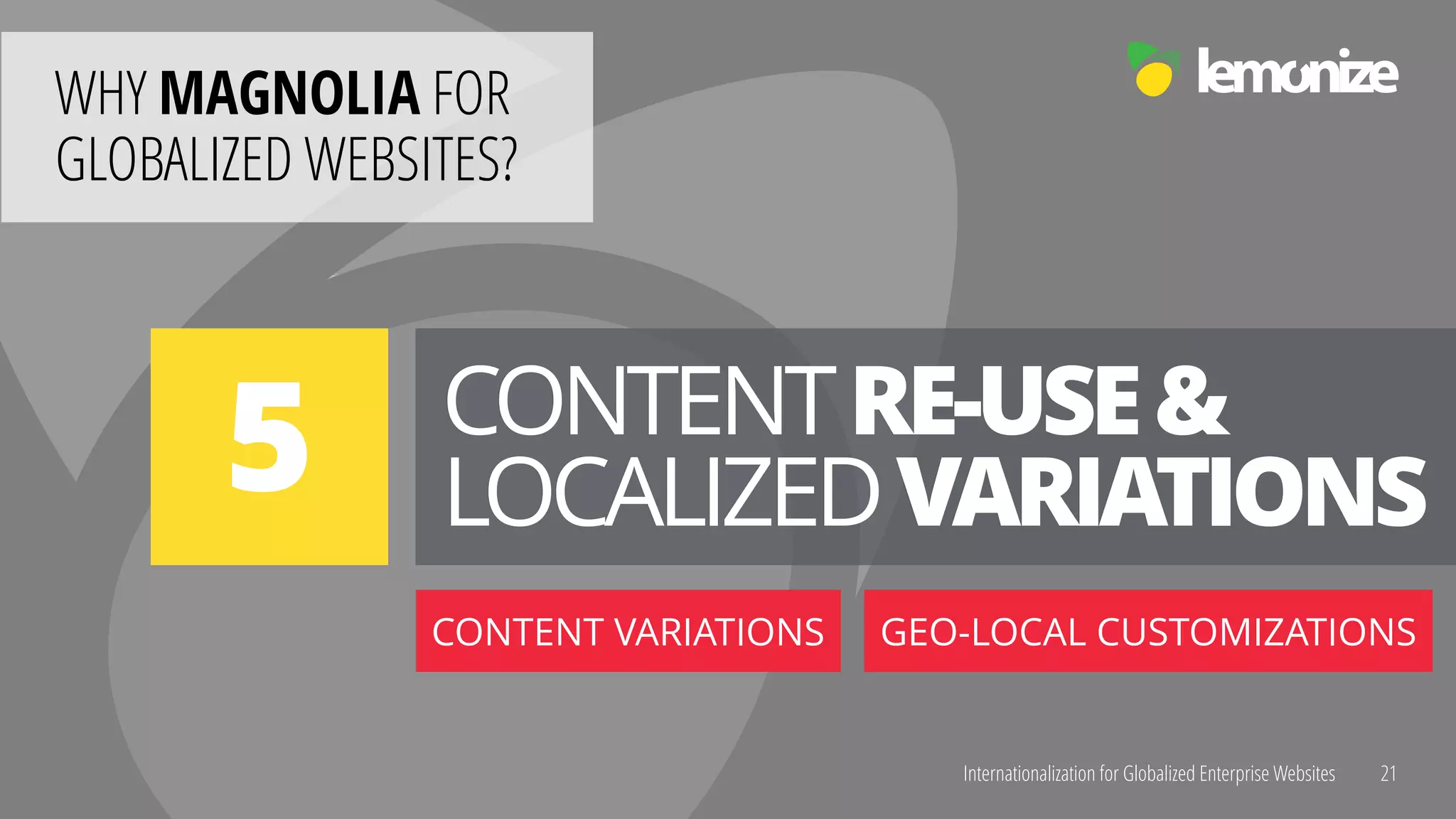 Internationalization for Globalized Enterprise Websites
WHY MAGNOLIA FOR  
GLOBALIZED WEBSITES?
21
CONTENTRE-USE& 
LOCALIZEDVARIATIONS5
CONTENT VARIATIONS GEO-LOCAL CUSTOMIZATIONS
 