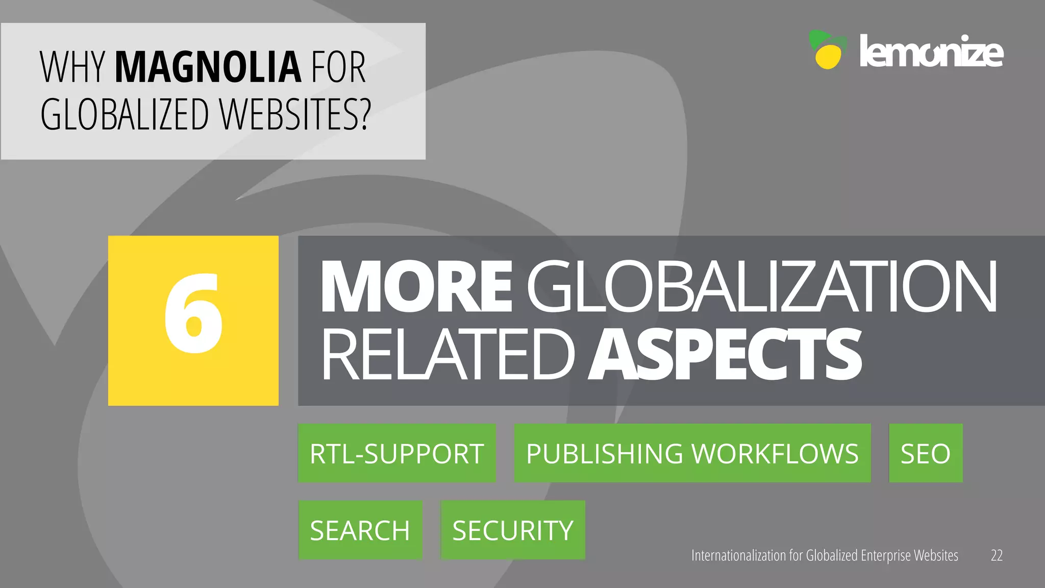 Internationalization for Globalized Enterprise Websites
WHY MAGNOLIA FOR  
GLOBALIZED WEBSITES?
22
MOREGLOBALIZATION 
RELATEDASPECTS6
PUBLISHING WORKFLOWS
SEARCH
SEORTL-SUPPORT
SECURITY
 