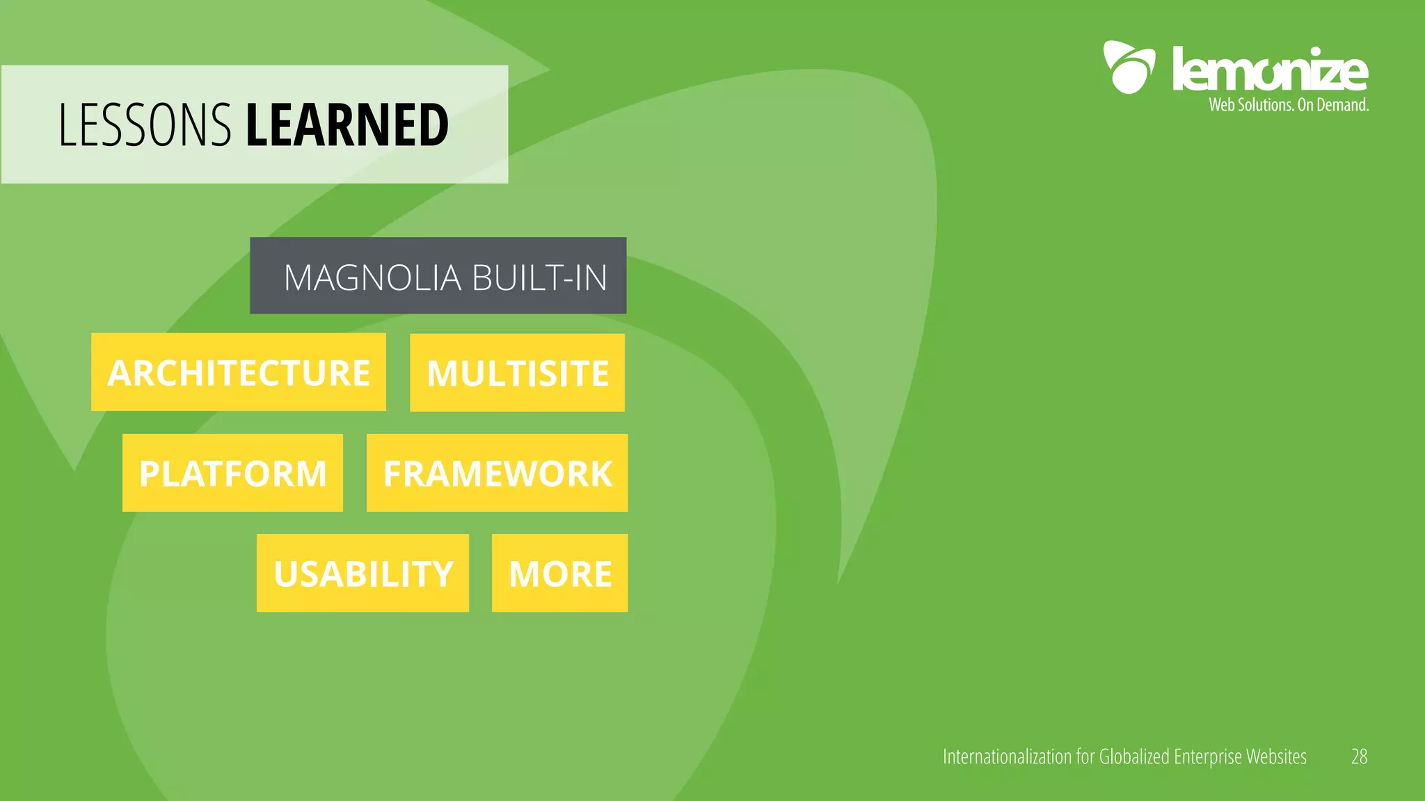 Internationalization for Globalized Enterprise Websites
LESSONS LEARNED
28
ARCHITECTURE MULTISITE
PLATFORM FRAMEWORK
MOREUSABILITY
MAGNOLIA BUILT-IN
 