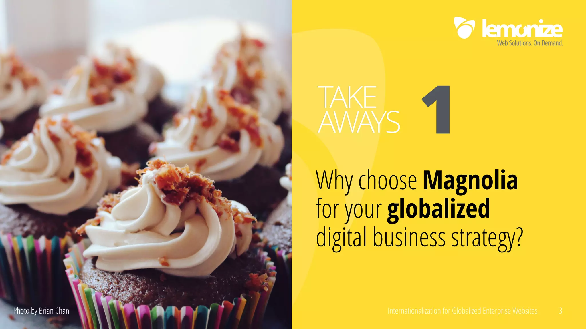 Internationalization for Globalized Enterprise Websites 3
Why choose Magnolia
for your globalized
digital business strategy?
TAKE
AWAYS 1
Photo by Brian Chan
 