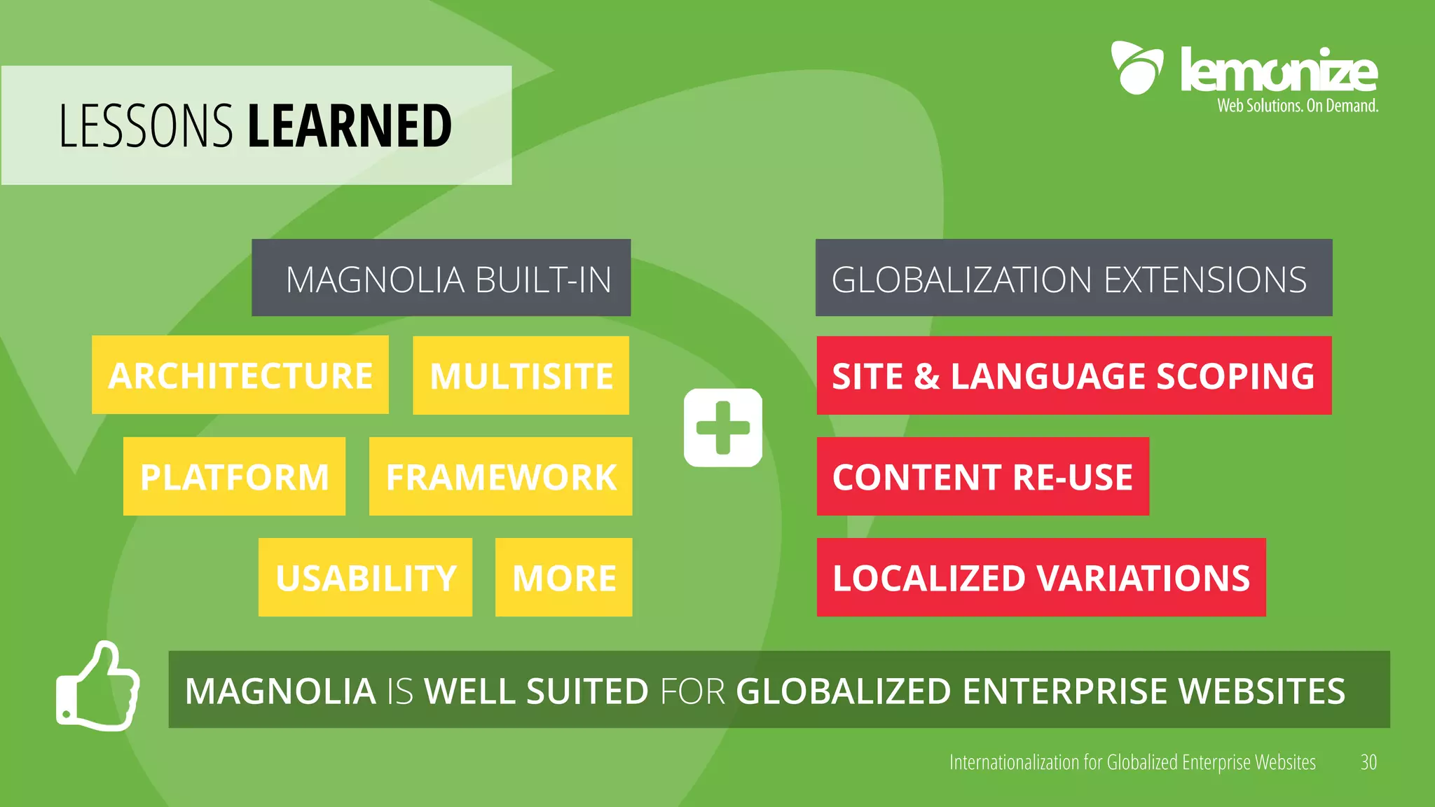 Internationalization for Globalized Enterprise Websites
LESSONS LEARNED
30
ARCHITECTURE MULTISITE
PLATFORM FRAMEWORK
MORE
SITE & LANGUAGE SCOPING
CONTENT RE-USE
USABILITY
MAGNOLIA BUILT-IN GLOBALIZATION EXTENSIONS
MAGNOLIA IS WELL SUITED FOR GLOBALIZED ENTERPRISE WEBSITES
LOCALIZED VARIATIONS
 