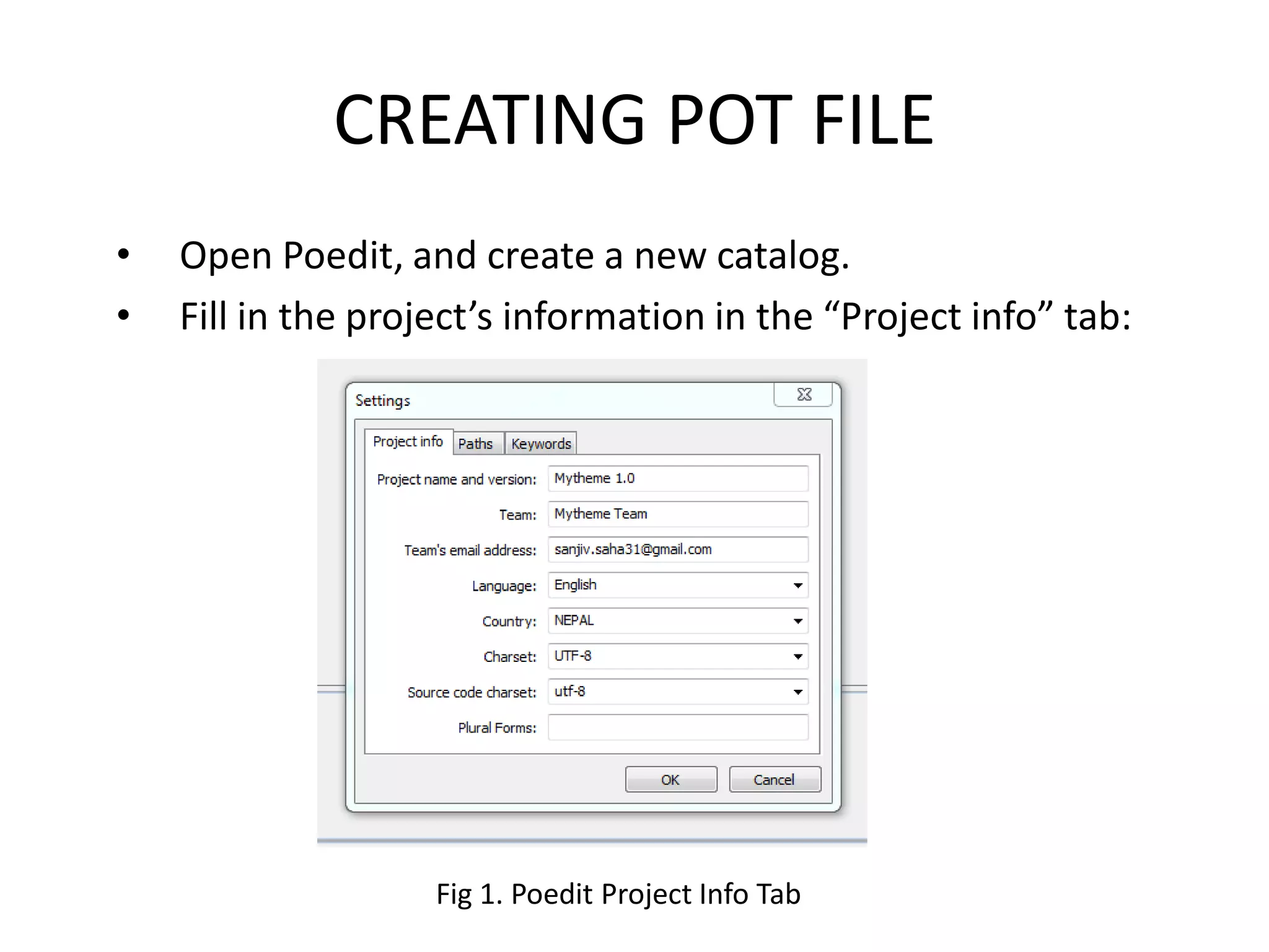 CREATING POT FILE
•   Open Poedit, and create a new catalog.
•   Fill in the project’s information in the “Project info” tab:




                    Fig 1. Poedit Project Info Tab
 
