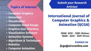 International Journal of
Computer Graphics &
Animation (IJCGA)


ISSN: 2231 - 3281 (Online)
ISSN : 2231 - 3591 (Print)
Submit your Research
Articles!
Contact us
ijcga@aircconline.com
Topics of interest
Computer Graphics
Animation
Visualization
Computer Aided Design
Graphics User Interface
Visualization Software
Animation Systems
Algorithms & Techniques
Robotics
Computer Animation
 