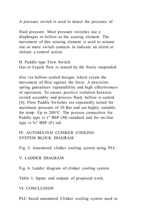 A pressure switch is used to detect the presence of
fluid pressure. Most pressure switches use a
diaphragm or bellow as the sensing element. The
movement of this sensing element is used to actuate
one or more switch contacts to indicate an alarm or
initiate a control action.
D. Paddle type Flow Switch
Gas or Liquid flow is sensed by the freely suspended
disc via bellow-sealed designs which create the
movement of Disc against the force. A precision
spring guarantees repeatability and high effectiveness
of operation. To ensure positive isolation between
switch assembly and process fluid, bellow is sealed
[4]. Flow Paddle Switches are repeatedly tested for
maximum pressure of 10 Bar and are highly suitable
for temp. Up to 200°C. The process connection for
Paddle type is 1" BSP (M) standard and for on-line
type is %" BSP (F) std.
IV. AUTOMATED CLINKER COOLING
SYSTEM BLOCK DIAGRAM
Fig. 5. Automated clinker cooling system using PLC.
V. LADDER DIAGRAM
Fig. 6. Ladder diagram of clinker cooling system.
Table 1: Inputs and outputs of proposed work.
VI. CONCLUSION
PLC based automated Clinker cooling system used in
 