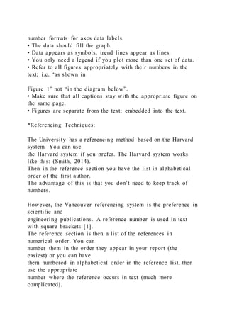 number formats for axes data labels.
• The data should fill the graph.
• Data appears as symbols, trend lines appear as lines.
• You only need a legend if you plot more than one set of data.
• Refer to all figures appropriately with their numbers in the
text; i.e. “as shown in
Figure 1” not “in the diagram below”.
• Make sure that all captions stay with the appropriate figure on
the same page.
• Figures are separate from the text; embedded into the text.
*Referencing Techniques:
The University has a referencing method based on the Harvard
system. You can use
the Harvard system if you prefer. The Harvard system works
like this: (Smith, 2014).
Then in the reference section you have the list in alphabetical
order of the first author.
The advantage of this is that you don’t need to keep track of
numbers.
However, the Vancouver referencing system is the preference in
scientific and
engineering publications. A reference number is used in text
with square brackets [1].
The reference section is then a list of the references in
numerical order. You can
number them in the order they appear in your report (the
easiest) or you can have
them numbered in alphabetical order in the reference list, then
use the appropriate
number where the reference occurs in text (much more
complicated).
 