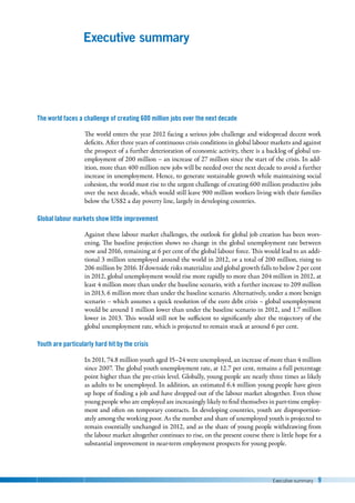 Executive summary 9
Executive summary
The world faces a challenge of creating 600 million jobs over the next decade
The world enters the year 2012 facing a serious jobs challenge and widespread decent work
deficits. After three years of continuous crisis conditions in global labour markets and against
the prospect of a further deterioration of economic activity, there is a backlog of global un-
employment of 200 million – an increase of 27 million since the start of the crisis. In add-
ition, more than 400 million new jobs will be needed over the next decade to avoid a further
increase in unemployment. Hence, to generate sustainable growth while maintaining social
cohesion, the world must rise to the urgent challenge of creating 600 million productive jobs
over the next decade, which would still leave 900 million workers living with their families
below the US$2 a day poverty line, largely in developing countries.
Global labour markets show little improvement
Against these labour market challenges, the outlook for global job creation has been wors-
ening. The baseline projection shows no change in the global unemployment rate between
now and 2016, remaining at 6 per cent of the global labour force. This would lead to an addi-
tional 3 million unemployed around the world in 2012, or a total of 200 million, rising to
206 million by 2016. If downside risks materialize and global growth falls to below 2 per cent
in 2012, global unemployment would rise more rapidly to more than 204 million in 2012, at
least 4 million more than under the baseline scenario, with a further increase to 209 million
in 2013, 6 million more than under the baseline scenario. Alternatively, under a more benign
scenario – which assumes a quick resolution of the euro debt crisis – global unemployment
would be around 1 million lower than under the baseline scenario in 2012, and 1.7 million
lower in 2013. This would still not be sufficient to significantly alter the trajectory of the
global unemployment rate, which is projected to remain stuck at around 6 per cent.
Youth are particularly hard hit by the crisis
In 2011, 74.8 million youth aged 15–24 were unemployed, an increase of more than 4 million
since 2007. The global youth unemployment rate, at 12.7 per cent, remains a full percentage
point higher than the pre-crisis level. Globally, young people are nearly three times as likely
as adults to be unemployed. In addition, an estimated 6.4 million young people have given
up hope of finding a job and have dropped out of the labour market altogether. Even those
young people who are employed are increasingly likely to find themselves in part-time employ-
ment and often on temporary contracts. In developing countries, youth are disproportion-
ately among the working poor. As the number and share of unemployed youth is projected to
remain essentially unchanged in 2012, and as the share of young people withdrawing from
the labour market altogether continues to rise, on the present course there is little hope for a
substantial improvement in near-term employment prospects for young people.
 