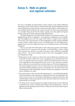 Annexes 115
Annex 4. Note on global
and regional estimates
The source of all global and regional labour market estimates in this Global Employment
Trends report is ILO, Trends econometric models, October 2011. The ILO Employment Trends
Unit has designed and actively maintains econometric models which are used to produce esti-
mates of labour market indicators in the countries and years for which country-reported data
are unavailable. These give the ILO the ability to produce and analyse global and regional
estimates of key labour market indicators and the related trends.
The Global Employment Trends Model (GET Model) is used to produce estimates – dis-
aggregated by age and sex as appropriate – of unemployment, employment, status in employ-
ment and employment by sector. The output of the model is a complete matrix of data for
178 countries. The country-level data can then be aggregated to produce regional and global
estimates of labour market indicators such as the unemployment rate, the employment-to-
population ratio, sector-level employment shares, status in employment shares and vulnerable
employment.
Prior to running the GET Model, labour market information specialists in the Employ-
ment Trends Unit, in cooperation with specialists in ILO field offices, evaluate existing
country-reported data and select only those observations deemed sufficiently comparable
across countries – with criteria including: (1) type of data source; (2) geographic coverage;
and (3) age group coverage.
y
y With regard to the first criterion, in order for data to be included in the model, they must
be derived from either a labour force survey or population census. National labour force
surveys are typically similar across countries, and the data derived from these surveys are
more comparable than data obtained from other sources. A strict preference is therefore
given to labour force survey-based data in the selection process. Yet many developing coun-
tries without adequate resources to carry out a labour force survey do report labour market
information based on population censuses. Consequently, due to the need to balance the
competing goals of data comparability and data coverage, some population census-based
data are included in the model.
y
y The second criterion is that only nationally representative (i.e. not prohibitively geograph-
ically limited) labour market indicators are included. Observations corresponding to only
urban or only rural areas are not included, as large differences typically exist between rural
and urban labour markets, and using only rural or urban data would not be consistent with
benchmark files such as GDP.
y
y The third criterion is that the age groups covered by the observed data must be sufficiently
comparable across countries. Countries report labour market information for a variety of
age groups and the age group selected can have an influence on the observed value of a given
labour market indicator.
 