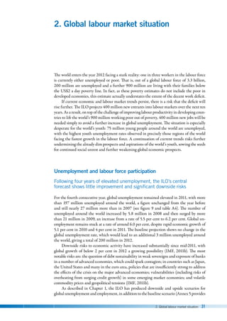 2. Global labour market situation 31
2. Global labour market situation
The world enters the year 2012 facing a stark reality: one in three workers in the labour force
is currently either unemployed or poor. That is, out of a global labour force of 3.3 billion,
200 million are unemployed and a further 900 million are living with their families below
the US$2 a day poverty line. In fact, as these poverty estimates do not include the poor in
developed economies, this estimate actually understates the extent of the decent work deficit.
If current economic and labour market trends persist, there is a risk that the deficit will
rise further. The ILO projects 400 million new entrants into labour markets over the next ten
years. As a result, on top of the challenge of improving labour productivity in developing coun-
tries to lift the world’s 900 million working poor out of poverty, 400 million new jobs will be
needed simply to avoid a further increase in global unemployment. The situation is especially
desperate for the world’s youth: 75 million young people around the world are unemployed,
with the highest youth unemployment rates observed in precisely those regions of the world
facing the fastest growth in the labour force. A continuation of current trends risks further
undermining the already dim prospects and aspirations of the world’s youth, sowing the seeds
for continued social unrest and further weakening global economic prospects.
Unemployment and labour force participation
Following four years of elevated unemployment, the ILO’s central
forecast shows little improvement and significant downside risks
For the fourth consecutive year, global unemployment remained elevated in 2011, with more
than 197 million unemployed around the world, a figure unchanged from the year before
and still nearly 27 million more than in 2007 (see figure 9 and table A4). The number of
unemployed around the world increased by 5.8 million in 2008 and then surged by more
than 21 million in 2009, an increase from a rate of 5.5 per cent to 6.2 per cent. Global un-
employment remains stuck at a rate of around 6.0 per cent, despite rapid economic growth of
5.1 per cent in 2010 and 4 per cent in 2011. The baseline projection shows no change in the
global unemployment rate, which would lead to an additional 3 million unemployed around
the world, giving a total of 200 million in 2012.
Downside risks to economic activity have increased substantially since mid-2011, with
global growth of below 2 per cent in 2012 a growing possibility (IMF, 2011b). The most
notable risks are: the question of debt sustainability in weak sovereigns and exposure of banks
in a number of advanced economies, which could spark contagion; in countries such as Japan,
the United States and many in the euro area, policies that are insufficiently strong to address
the effects of the crisis on the major advanced economies; vulnerabilities (including risks of
overheating from surging credit growth) in some emerging market economies; and volatile
commodity prices and geopolitical tensions (IMF, 2011b).
As described in Chapter 1, the ILO has produced downside and upside scenarios for
global unemployment and employment, in addition to the baseline scenario (Annex 5 provides
 