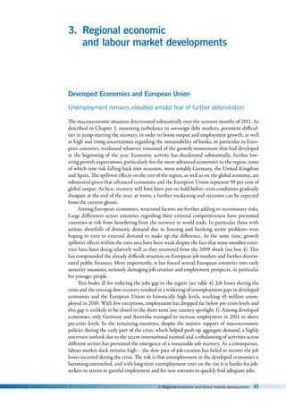 3. Regional economic and labour market developments 45
3. Regional economic
and labour market developments
Developed Economies and European Union
Unemployment remains elevated amidst fear of further deterioration
The macroeconomic situation deteriorated substantially over the summer months of 2011. As
described in Chapter 1, mounting turbulence in sovereign debt markets, persistent difficul-
ties in jump-starting the recovery, in order to boost output and employment growth, as well
as high and rising uncertainties regarding the sustainability of banks, in particular in Euro-
pean countries, weakened whatever remained of the growth momentum that had developed
at the beginning of the year. Economic activity has decelerated substantially, further low-
ering growth expectations, particularly for the more advanced economies in the region, some
of which now risk falling back into recession, most notably Germany, the United Kingdom
and Spain. The spillover effects on the rest of the region, as well as on the global economy, are
substantial given that advanced economies and the European Union represent 50 per cent of
global output. At best, recovery will have been put on hold before crisis conditions gradually
dissipate at the end of the year; at worst, a further weakening and recession can be expected
from the current gloom.
Among European economies, structural factors are further adding to recessionary risks.
Large differences across countries regarding their external competitiveness have prevented
countries at risk from benefitting from the recovery in world trade. In particular those with
serious shortfalls of domestic demand due to housing and banking sector problems were
hoping to turn to external demand to make up the difference. At the same time, growth
spillover effects within the euro area have been weak despite the fact that some member coun-
tries have been doing relatively well as they recovered from the 2009 shock (see box 4). This
has compounded the already difficult situation on European job markets and further deterio-
rated public finances. More importantly, it has forced several European countries into early
austerity measures, seriously damaging job creation and employment prospects, in particular
for younger people.
This bodes ill for reducing the jobs gap in the region (see table 4). Job losses during the
crisis and the ensuing slow recovery resulted in a widening of unemployment gaps in developed
economies and the European Union to historically high levels, reaching 45 million unem-
ployed in 2010. With few exceptions, employment has dropped far below pre-crisis levels and
this gap is unlikely to be closed in the short term (see country spotlight 1). Among developed
economies, only Germany and Australia managed to increase employment in 2011 to above
pre-crisis levels. In the remaining countries, despite the massive support of macroeconomic
policies during the early part of the crisis, which helped push up aggregate demand, a highly
uncertain outlook due to the recent international turmoil and a rebalancing of activities across
different sectors has prevented the emergence of a sustainable job recovery. As a consequence,
labour market slack remains high – the slow pace of job creation has failed to recover the job
losses incurred during the crisis. The risk is that unemployment in the developed economies is
becoming entrenched, and with long-term unemployment rates on the rise it is harder for job-
seekers to return to gainful employment and for new entrants to quickly find adequate jobs.
 