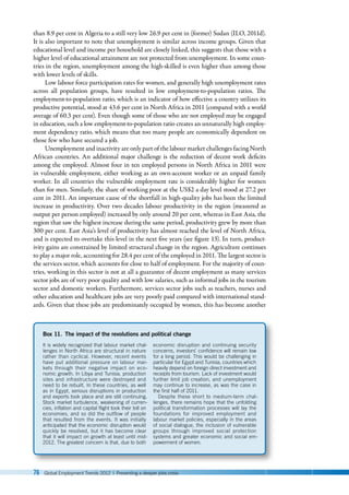 76 Global Employment Trends 2012 | Preventing a deeper jobs crisis
than 8.9 per cent in Algeria to a still very low 26.9 per cent in (former) Sudan (ILO, 2011d).
It is also important to note that unemployment is similar across income groups. Given that
educational level and income per household are closely linked, this suggests that those with a
higher level of educational attainment are not protected from unemployment. In some coun-
tries in the region, unemployment among the high-skilled is even higher than among those
with lower levels of skills.
Low labour force participation rates for women, and generally high unemployment rates
across all population groups, have resulted in low employment-to-population ratios. The
employment-to-population ratio, which is an indicator of how effective a country utilizes its
productive potential, stood at 43.6 per cent in North Africa in 2011 (compared with a world
average of 60.3 per cent). Even though some of those who are not employed may be engaged
in education, such a low employment-to-population ratio creates an unnaturally high employ-
ment dependency ratio, which means that too many people are economically dependent on
those few who have secured a job.
Unemployment and inactivity are only part of the labour market challenges facing North
African countries. An additional major challenge is the reduction of decent work deficits
among the employed. Almost four in ten employed persons in North Africa in 2011 were
in vulnerable employment, either working as an own-account worker or an unpaid family
worker. In all countries the vulnerable employment rate is considerably higher for women
than for men. Similarly, the share of working poor at the US$2 a day level stood at 27.2 per
cent in 2011. An important cause of the shortfall in high-quality jobs has been the limited
increase in productivity. Over two decades labour productivity in the region (measured as
output per person employed) increased by only around 20 per cent, whereas in East Asia, the
region that saw the highest increase during the same period, productivity grew by more than
300 per cent. East Asia’s level of productivity has almost reached the level of North Africa,
and is expected to overtake this level in the next five years (see figure 13). In turn, product-
ivity gains are constrained by limited structural change in the region. Agriculture continues
to play a major role, accounting for 28.4 per cent of the employed in 2011. The largest sector is
the services sector, which accounts for close to half of employment. For the majority of coun-
tries, working in this sector is not at all a guarantee of decent employment as many services
sector jobs are of very poor quality and with low salaries, such as informal jobs in the tourism
sector and domestic workers. Furthermore, services sector jobs such as teachers, nurses and
other education and healthcare jobs are very poorly paid compared with international stand-
ards. Given that these jobs are predominately occupied by women, this has become another
Box 11. The impact of the revolutions and political change
It is widely recognized that labour market chal-
lenges in North Africa are structural in nature
rather than cyclical. However, recent events
have put additional pressure on labour mar-
kets through their negative impact on eco-
nomic growth. In Libya and Tunisia, production
sites and infrastructure were destroyed and
need to be rebuilt. In these countries, as well
as in Egypt, serious disruptions in production
and exports took place and are still continuing.
Stock market turbulence, weakening of curren-
cies, inflation and capital flight took their toll on
economies, and so did the outflow of people
that resulted from the events. It was initially
anticipated that the economic disruption would
quickly be resolved, but it has become clear
that it will impact on growth at least until mid-
2012. The greatest concern is that, due to both
economic disruption and continuing security
concerns, investors’ confidence will remain low
for a long period. This would be challenging in
particular for Egypt and Tunisia, countries which
heavily depend on foreign direct investment and
receipts from tourism. Lack of investment would
further limit job creation, and unemployment
may continue to increase, as was the case in
the first half of 2011.
Despite these short to medium-term chal-
lenges, there remains hope that the unfolding
political transformation processes will lay the
foundations for improved employment and
labour market policies, especially in the areas
of social dialogue, the inclusion of vulnerable
groups through improved social protection
systems and greater economic and social em-
powerment of women.
 