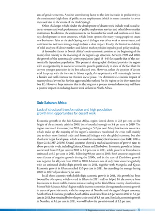 3. Regional economic and labour market developments 77
area of gender concerns. Another contributing factor to the slow increases in productivity is
the continuously high share of public sector employment (which in some countries has even
increased due to the events of the Arab Spring).
Other challenges which hinder the development of decent work include weak social se-
curity systems and weak performance of public employment services and other labour market
institutions. In addition, the environment is not favourable for small and medium-sized busi-
ness development in most countries, which limits options for many young people to create
new businesses. Prior to the Arab Spring, social dialogue was either weak or non-existent, and
until now has not been strong enough to have a clear impact. Finally, the limited availability
of solid analyses of labour markets and labour market policies impedes good policy-making.
A favourable factor in North Africa’s socio-economic position at the beginning of the
twenty-first century is the maturing of the region’s age structure. Between 1990 and 2020,
the growth of the economically active population (aged 15–64) far exceeds that of the eco-
nomically dependent population. This potential demographic dividend provides the region
with an opportunity to accelerate economic growth, particularly in view of the fact that the
current younger generation is the best educated ever. However, unless the creation of decent
work keeps up with the increase in labour supply, this opportunity will increasingly become
a burden and will continue to threaten social peace. The detrimental economic impact of
recent political events has further aggravated the outlook for the region in the short term (see
box 11). However, hope remains that in the long run a process towards democracy will have
a positive impact on reducing decent work deficits in North Africa.
Sub-Saharan Africa
Lack of structural transformation and high population
growth limit opportunities for decent work
Economic growth in the Sub-Saharan Africa region slowed down to 2.8 per cent at the
height of the economic crisis in 2009, but rebounded strongly to 5.4 per cent in 2010. The
region continued its recovery in 2011, growing at 5.2 per cent. Many low-income countries,
which make up the majority of the region’s economies, weathered the crisis well, mainly
due to their more limited trade and financial linkages with the global economy, but also
thanks to larger fiscal space, which was used for countercyclical measures (see IMF, 2011a,
figure 2.14; IMF, 2010b). Several countries showed a marked acceleration of growth rates to
above pre-crisis levels, including Eritrea, Ghana and Zimbabwe. Economic growth in Eritrea
accelerated from 2.2 per cent in 2010 to 8.2 per cent in 2011, while growth in Zimbabwe is
estimated at 6.0 per cent in 2011, following 9.0 per cent in 2010. Both countries registered
several years of negative growth during the 2000s, and in the case of Zimbabwe growth
was negative for all years from 2002 to 2008. Ghana is one of only three countries globally
with an estimated double-digit growth rate in 2011, together with Mongolia and Qatar.
Economic growth in Ghana reached 13.5 per cent in 2011, far exceeding the average during
2000 to 2007 of just above 5 per cent.
In all three countries with double-digit economic growth in 2011, this growth has been
boosted by oil exports, which started in Ghana in 2011 and has helped lift the country from
low-income to lower middle-income status according to the World Bank country classifications.
MostofSub-SaharanAfrica’shighermiddle-incomeeconomiesalsoregisteredeconomicgrowth
in excess of pre-crisis trends, with the exceptions of Namibia and the region’s largest economy,
South Africa. Economic growth in South Africa accelerated from 2.8 per cent in 2010 to 3.4 per
cent in 2011, but remained below the pre-crisis trend of 4.3 per cent. Similarly, economic growth
in Namibia, at 3.6 per cent in 2011, was well below the pre-crisis trend of 5.2 per cent.
 