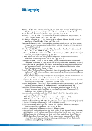 Bibliography 89
Bibliography
Admati, A.R. et al. 2011. Fallacies, irrelevant facts, and myths in the discussion of capital regulation:
Why bank equity is not expensive (Stanford, CA, Stanford Graduate School of Business).
Ballon, P.; Ernst, E. Forthcoming. Patterns of global growth (Geneva, ILO).
Bassanini, A.; Duval, R. 2006. “The determinants of unemployment across OECD countries”, in
OECD Economic Studies, Vol. 42, No. 1, pp. 7–86.
BPS Statistics Indonesia. 2011. “Labor force situation in Indonesia, Jakarta”. Available at: http://
www.bps.go.id/brs_file/naker_07nov11.pdf [Nov. 2011].
Casselman, B.; Lahart, J. 2011. “Companies shun investment, hoard cash”, in Wall Street Journal.
Available at: http://online.wsj.com/article/SB10001424053111903927204576574720017009
568.html [17 Sep. 2011].
Chowdhury, S. 2011. “Employment in India: What does the latest data show?”, in Economic and
Political Weekly, Vol. XLVI, No. 32, pp. 23–26.
Cochrane, J.H. 2008. “Financial markets and the real economy”, in R. Mehra (ed.): Handbook of the
equity risk premium (Elsevier Science), pp. 237–330.
—. 1991. “Production-based asset pricing and the link between stock returns and economic
fluctuations”, in Journal of Finance, Vol. 46, No. 1, pp. 207–234.
Eichengreen, B.; Park, D.; Shin, K. 2011. When fast growing economies slow down: International
evidence and implications for China (Cambridge, MA, National Bureau of Economic Research).
Ernst, C.; Iturriza, A. 2011. Tackling deforestation in Mozambique: Reconciling the social, economic
and environmental agenda, paper presented at the 14th ILO Regional Seminar for Labour
Based Practitioners, Accra, Ghana, 5–9 Sept.
Ernst, E. 2011a. “The future of finance: Scenarios of financial sector reforms and their labour market
implications”, in The global crisis. Causes, responses and challenges (Geneva, International Labour
Office) pp. 223–240.
—. 2011b. Determinants of unemployment dynamics. Economic factors, labour market institutions and
financial development (Geneva, International Institute for Labour Studies).
Hungerford, T.; Gravelle, J.G. 2010. Business investment and employment tax incentives to stimulate
the economy (Washington, DC, Congressional Research Service).
Institute of International Finance (IIF). 2010. Interim report on the cumulative impact on the global
economy of proposed changes in the banking regulatory framework (Washington, DC).
Interindustry Economic Research Fund. 2011. Development of scenarios gauging the effects of
increased investment in the United States on growth and employment (Washington, DC).
Background paper produced for this report.
International Institute for Labour Studies (IILS). 2011. World of Work Report 2011: Making
markets work for jobs (Geneva, ILO).
—. 2010. World of Work Report 2010: From one crisis to the next? (Geneva, ILO).
—. 2009. The financial and economic crisis: A decent work response (Geneva).
International Labour Office (ILO). 2011a. The global crisis. Causes, responses and challenges (Geneva).
—. 2011b. Global Employment Trends for Youth: 2011 update (Geneva).
—. 2011c. Economically Active Population Estimates and Projections, 6th edition. Available at:
http://laborsta.ilo.org/applv8/data/EAPEP/eapep_E.html.
—. 2011d. Key Indicators of the Labour Market, 7th edition (Geneva).
—. 2011e. Growth, productive employment and decent work in the least developed countries (Geneva).
—. 2011f. Efficient growth, employment and decent work in Africa: Time for a new vision (Geneva).
—. 2011g. Empowering Africa’s peoples with decent work. Report of the Director General (Geneva).
—. 2011h. South Africa. Growth and equity through social protection and policy coherence (G20
reports) (Geneva). Available at: http://www.ilo.org/global/about-the-ilo/how-the-ilo-works/
multilateral-system/g20/lang--en/index.htm.
 